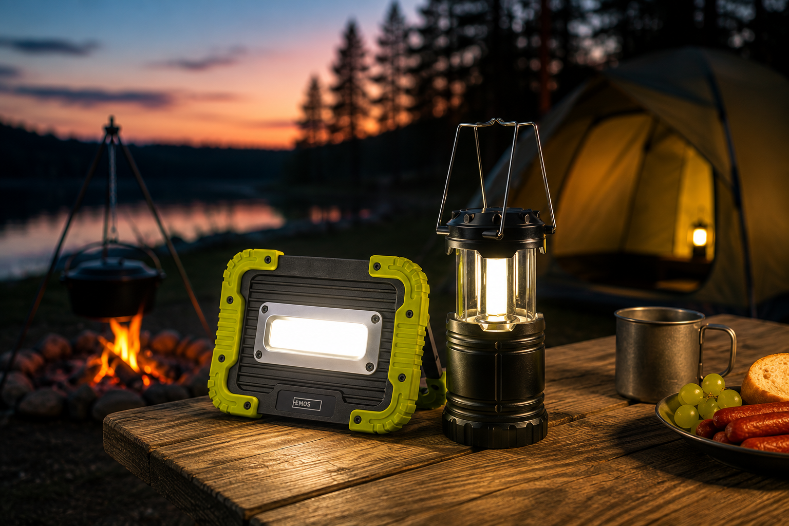 LED-Campingleuchte beim abendlichen Camping